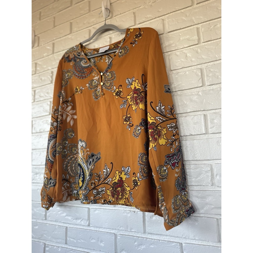 Liz Claiborne Mustard Paisley‎ Boho Blouse Flowy Long Sleeve Cottagecore Top M - Picture 8 of 10